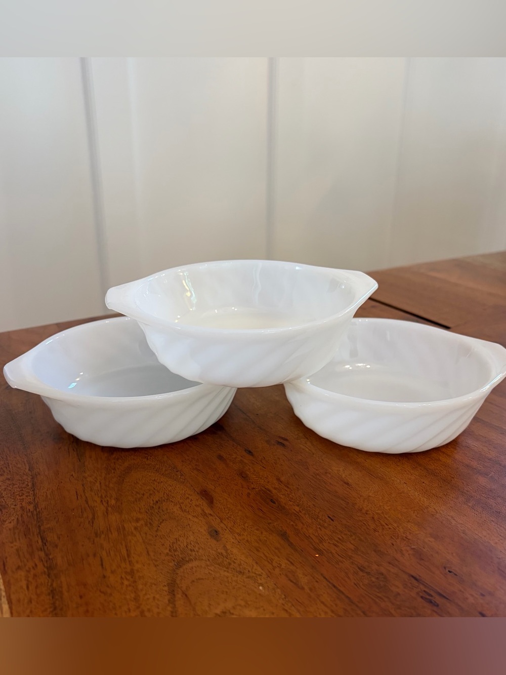 Lot of 3 Vintage Fire-King White Swirl Individual Casserole Dishes Milk Glass 5”